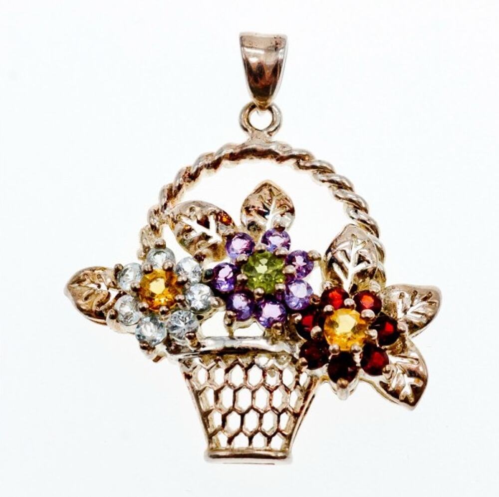 925 Sterling Silver Multi Gemstones Flowers Pendant